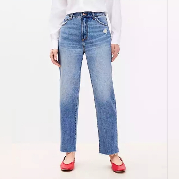 LOFT High Waist Straight Leg Jean Medium wash Raw hem sz14 - Picture 1 of 10